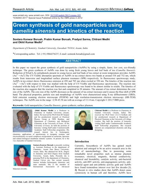 Green synthesis of gold nanoparticles using camellia sinensis and ...
