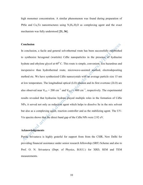 Synthesis of CdSe nanoparticles by solvothermal route: Structural ...