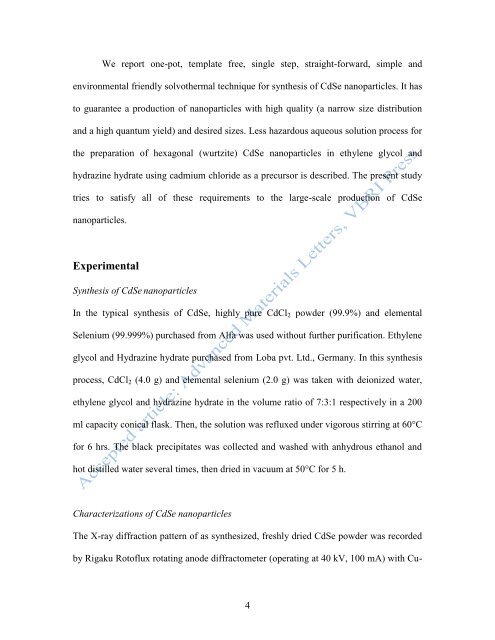 Synthesis of CdSe nanoparticles by solvothermal route: Structural ...