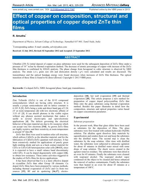 Effect of copper on composition, structural and optical properties of ...