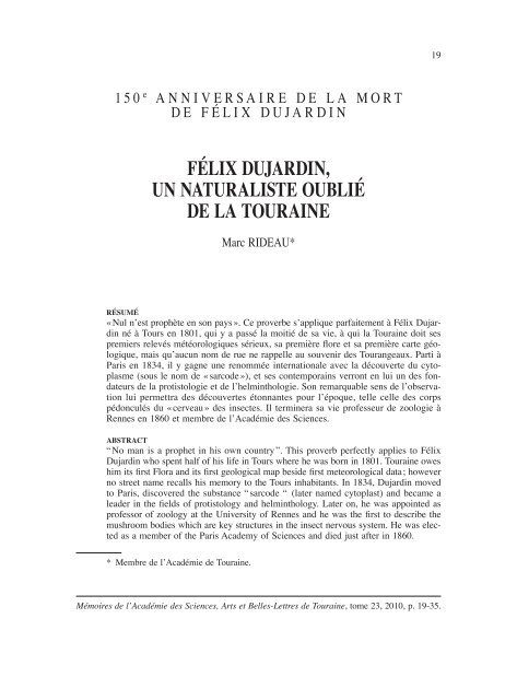 félix dujardin, un naturaliste oublié de la touraine - Académie de ...