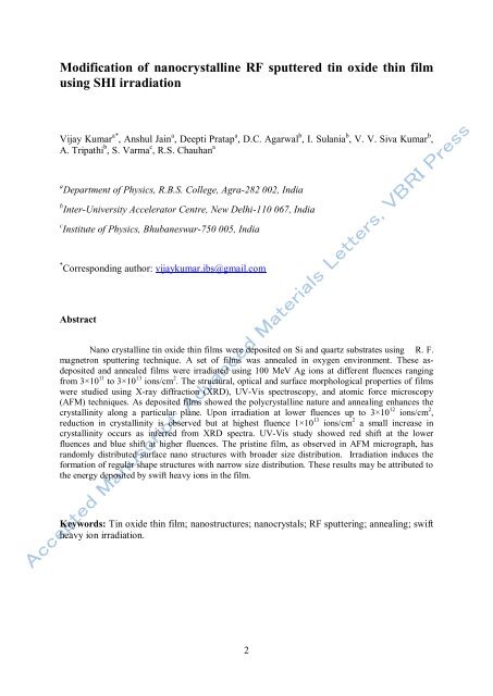 Modification of nanocrystalline rf sputtered tin oxide thin film using ...