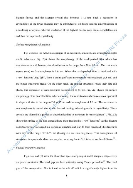 Modification of nanocrystalline rf sputtered tin oxide thin film using ...