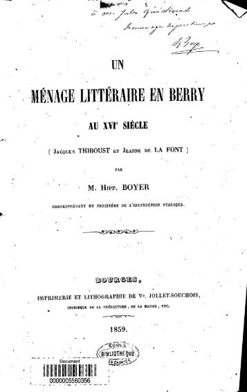 Un Menage litteraire en Berry au XVIe siecle - Bibliothèque ...