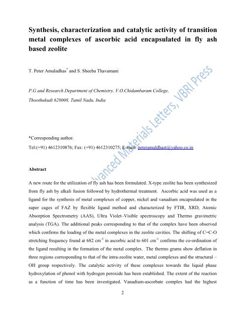 Synthesis, characterization and catalytic activity of transition metal ...