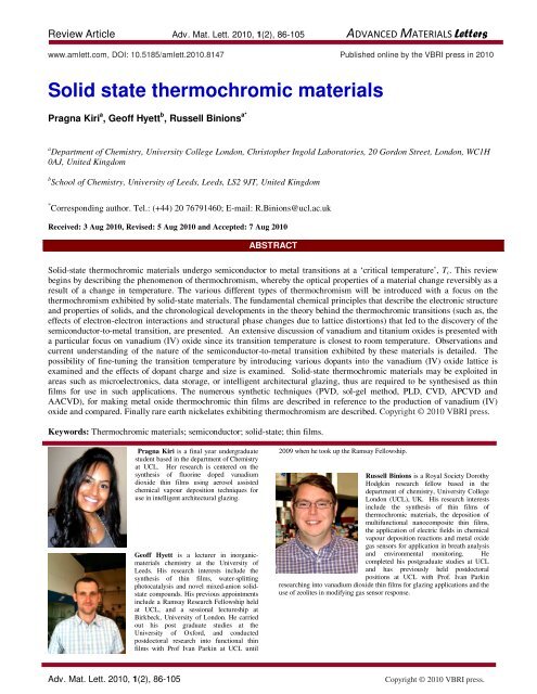 Solid state thermochromic materials - Advanced Materials Letters