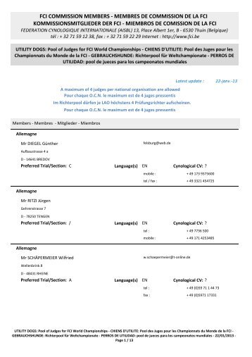 Pool des Juges pour les championnats du Monde de la FCI