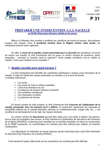 FICHE SECURITE S 43 P 31 Intervention à la ... - La Carsat Centre