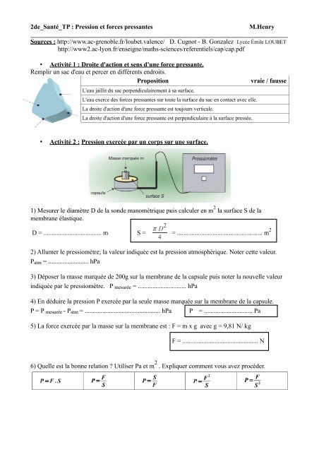 Tp Plongee Et Forces Pressantes M Henry