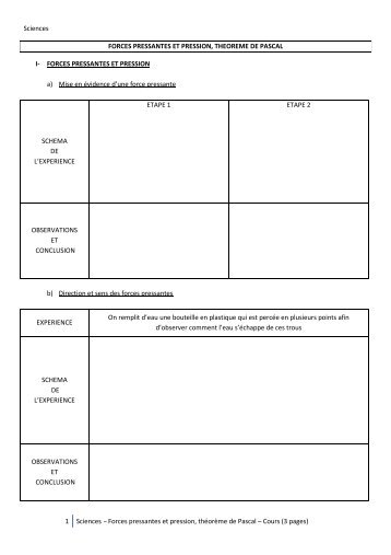 1 Sciences – Forces pressantes et pression, théorème de Pascal ...