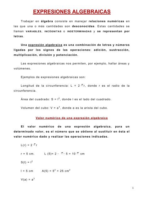 EXPRESIONES ALGEBRAICAS - Amolasmates