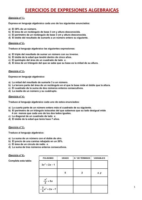 EJERCICIOS DE EXPRESIONES ALGEBRAICAS - Amolasmates