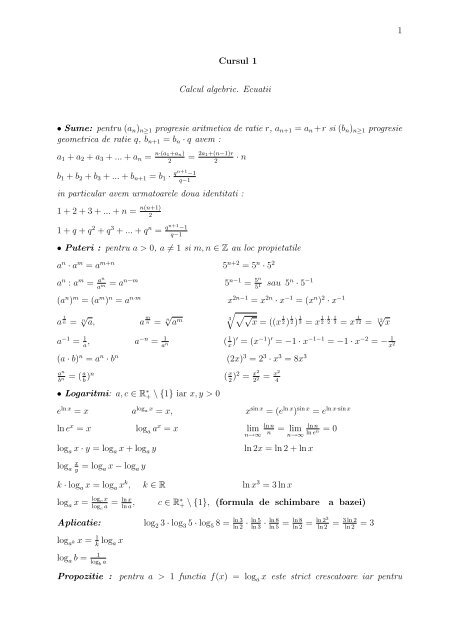 1 Cursul 1 Calcul algebric. Ecuatii • Sume: pentru (a n)n≥1 ...