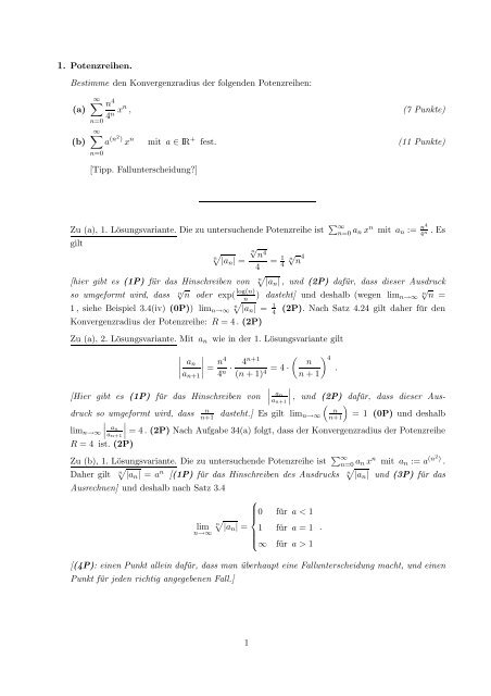 1. Potenzreihen. Bestimme den Konvergenzradius der folgenden ...