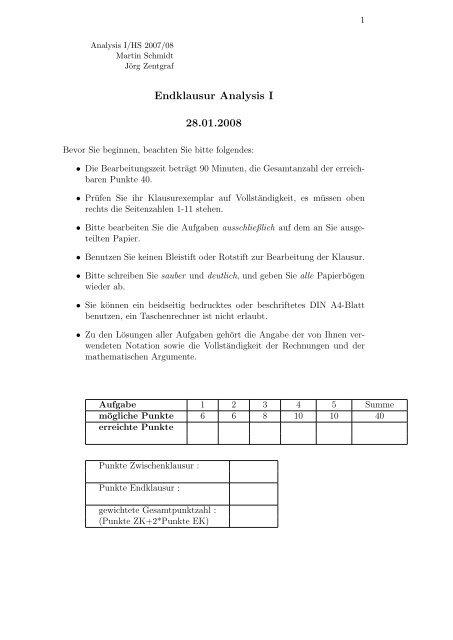 Endklausur Analysis I 28.01.2008