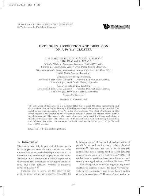 HYDROGEN ADSORPTION AND DIFFUSION ON A Pt(111) CLUSTER