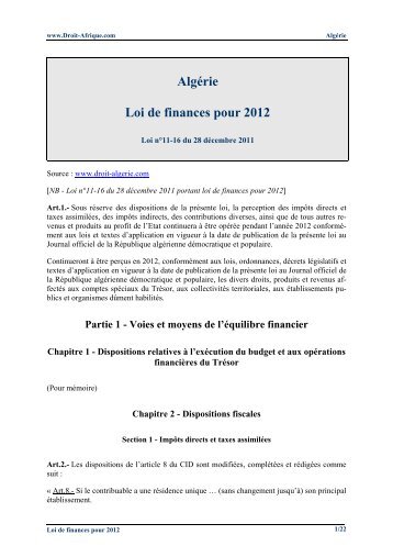 Loi de finances pour 2012 - Droit-Afrique.com