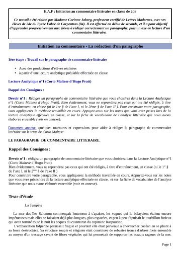 Initiation au commentaire - La rédaction d'un paragraphe Rappel ...