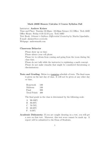 Math 280H Honors Calculus 3 Course Syllabus Fall Instructor ...
