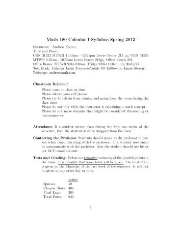 Math 180 Calculus I Syllabus Spring 2012