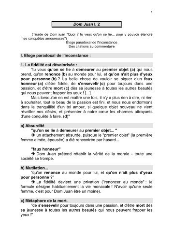 Dom Juan I, 2 I. Eloge paradoxal de l'inconstance : 1. La fidélité est ...