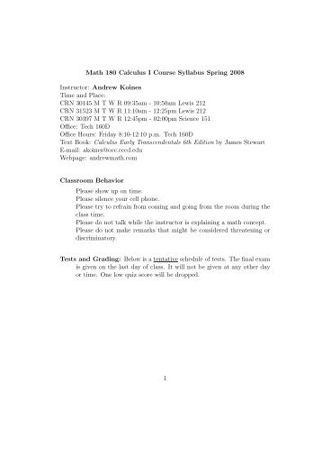 Math 180 Calculus I Course Syllabus Spring 2008 Instructor ...