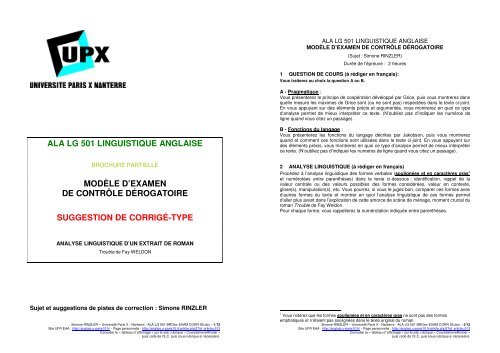 alalg501 s. rinzler annales exam ling l3 s5 - Université Paris X ...