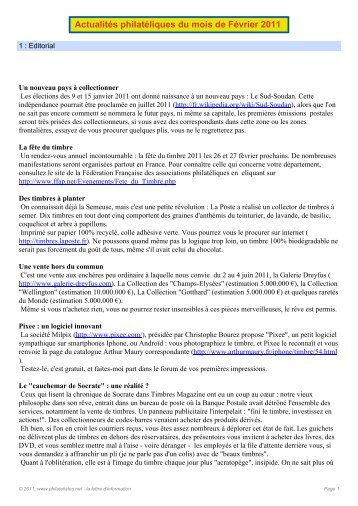 Actualités philatéliques du mois de Février 2011 - Philatelistes.net