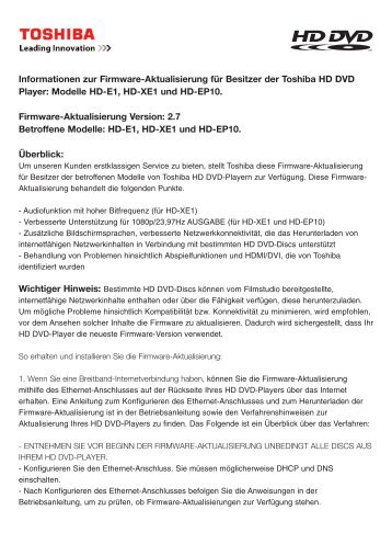 Informationen zur Firmware-Aktualisierung für Besitzer der Toshiba ...