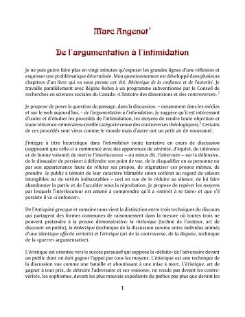 De l'argumentation à l'intimidation, variations de l ... - Marc Angenot