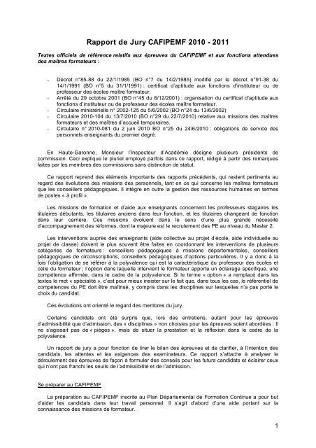 rapport jury CAFIPEMF 2010-11 - Académie de Toulouse
