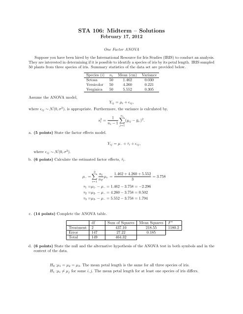 STA 106: Midterm – Solutions - Statistics