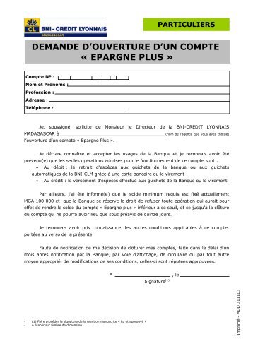 demande d'ouverture d'un compte « epargne plus - BNI Madagascar