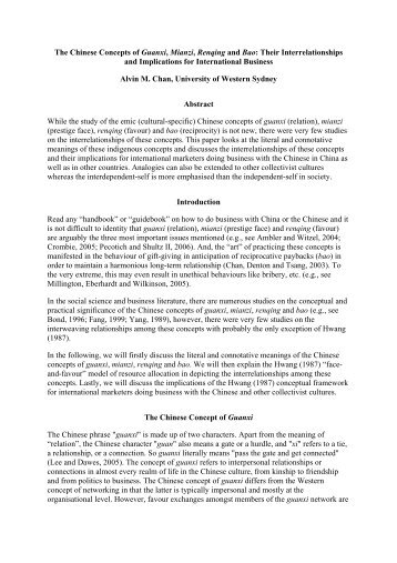 The Chinese Concepts of Guanxi, Mianzi, Renqing and ... - ANZMAC