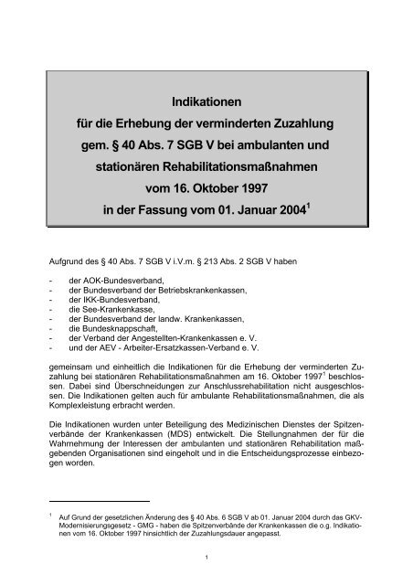 Indikationen für verminderte Zuzahlung - AOK-Gesundheitspartner