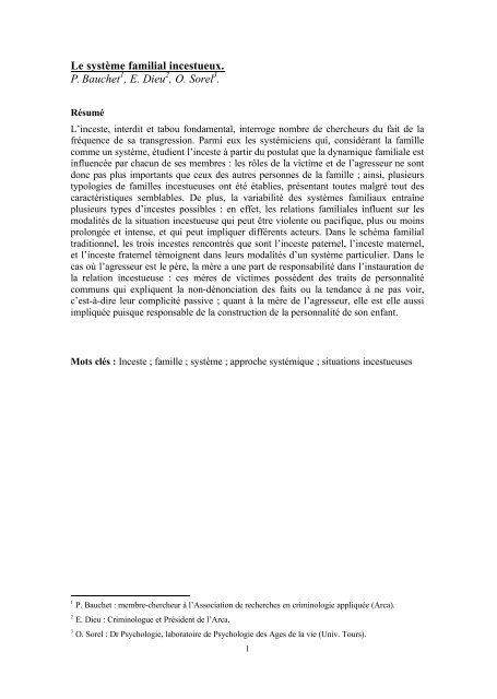 Le système familial incestueux. P. Bauchet , E. Dieu - Revue ...