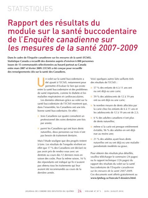 Juin / juillet 2010 - Volume 47 No 3 - Ordre des dentistes du Québec