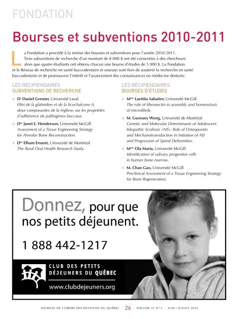 Juin / juillet 2010 - Volume 47 No 3 - Ordre des dentistes du Québec