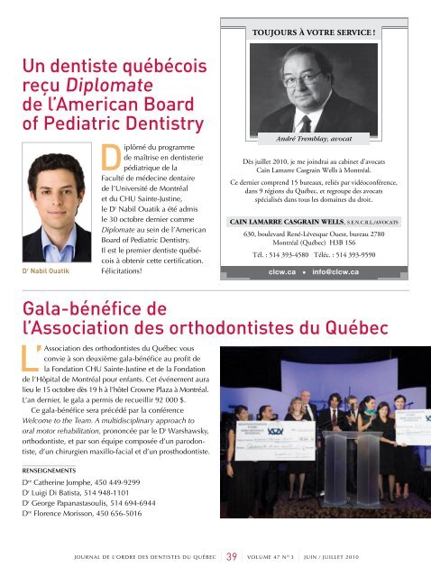 Juin / juillet 2010 - Volume 47 No 3 - Ordre des dentistes du Québec