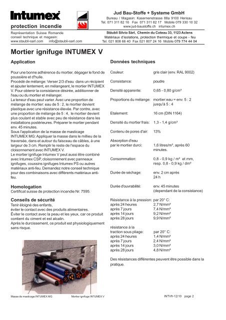 Mortier ignifuge INTUMEX V - Stäubli Sarl Home Page