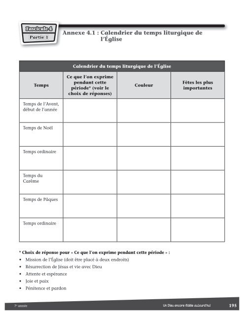 Annexe 4.1 : Calendrier du temps liturgique de l'Église - Cforp.ca