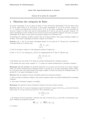 1 Théorème des catégories de Baire - Département de Mathématiques