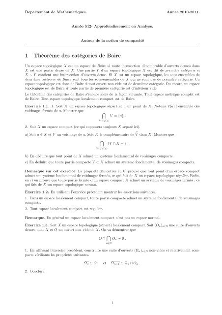 1 Théorème des catégories de Baire - Département de Mathématiques