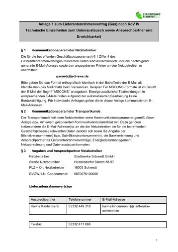 Anlage 1 zum Lieferantenrahmenvertrag - Stadtwerke Schwedt GmbH