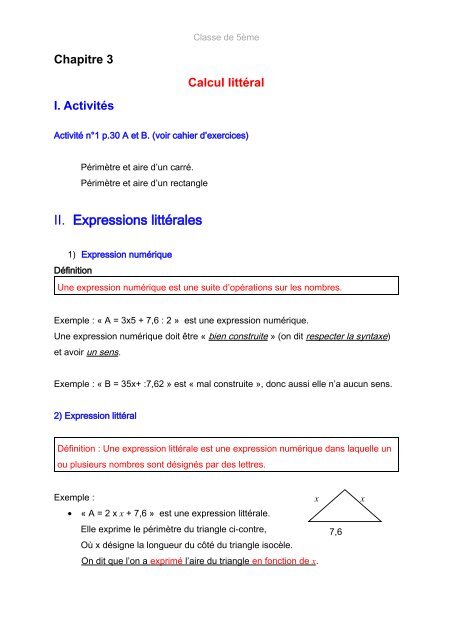 Calcul littéral - Logamaths.fr