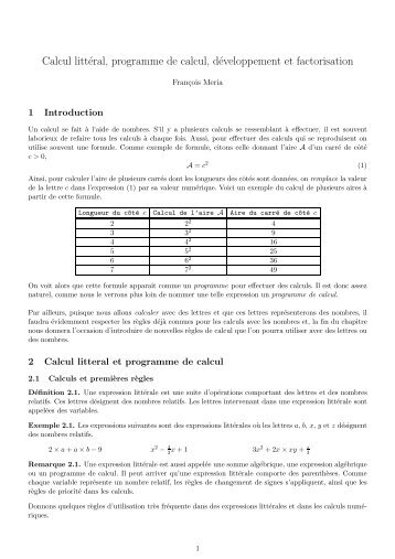 Calcul littéral, programme de calcul, développement et factorisation