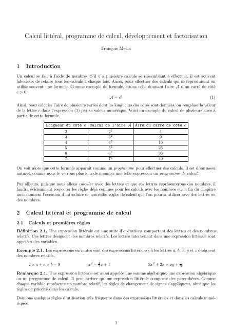 Calcul littéral, programme de calcul, développement et factorisation