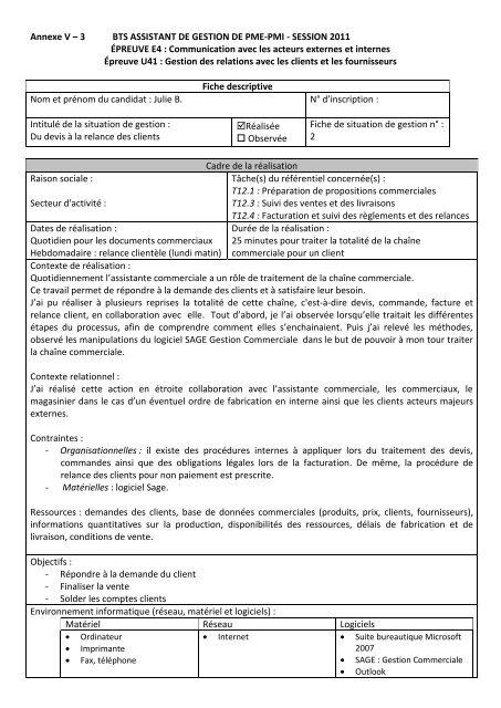 Fiche de situation professionnelle bts gpme