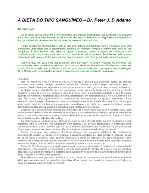 A DIETA DO TIPO SANGUÍNEO – Dr. Peter J. D´Adamo - Apostilas