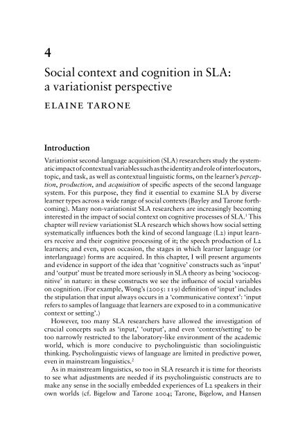 Social context and cognition in SLA: a variationist perspective elaine ...